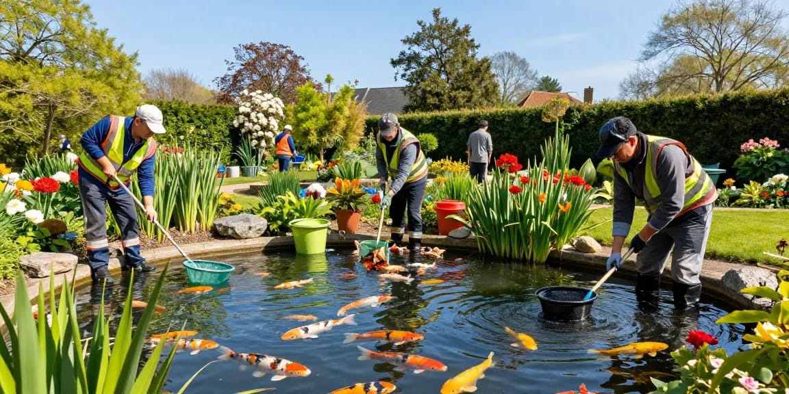 Professional Pond Cleaning Surrey team removing debris from a koi pond with lush greenery.
