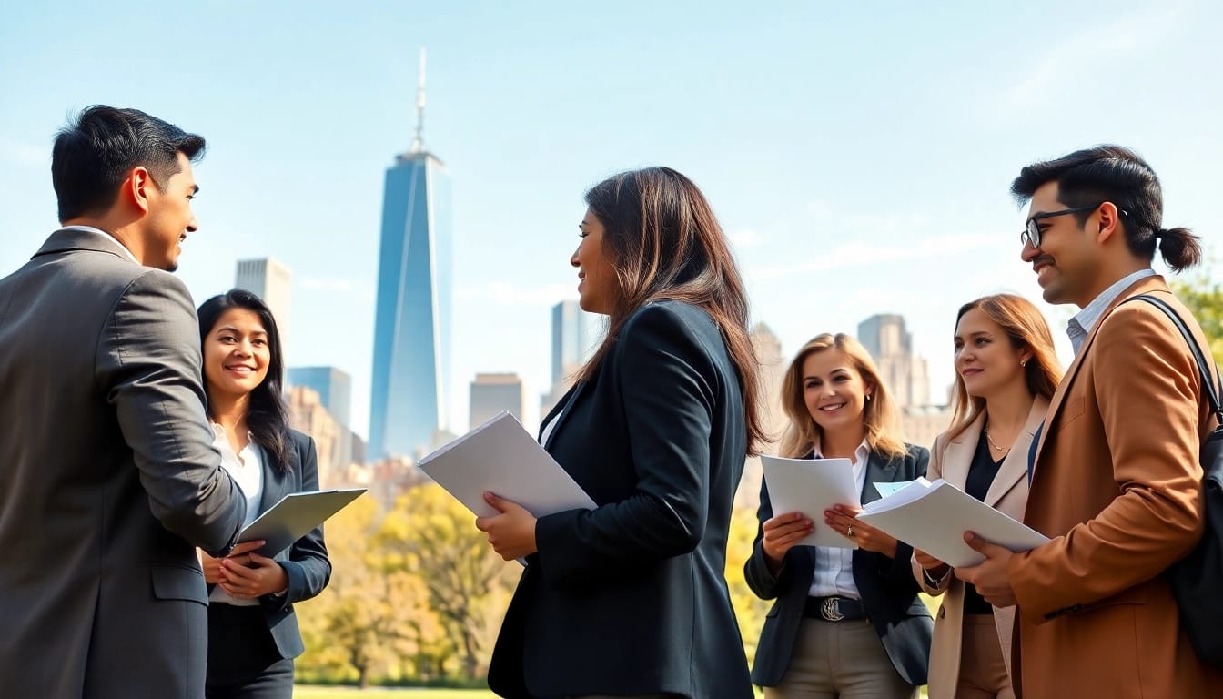 Engaged professionals networking for new york jobs in a vibrant New York City setting.