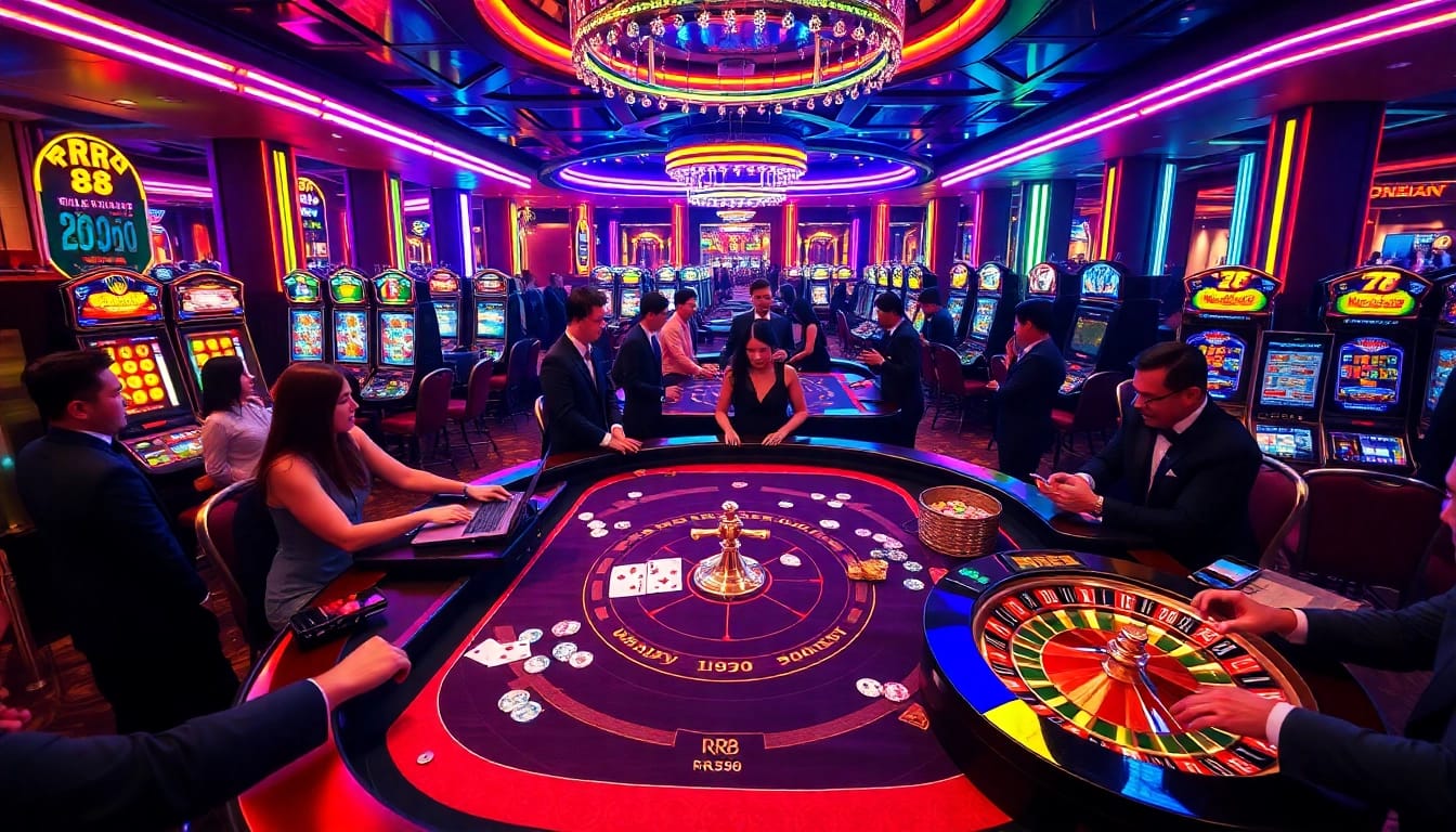Experience the thrill of RR88 gaming with colorful chips and a lively casino atmosphere.
