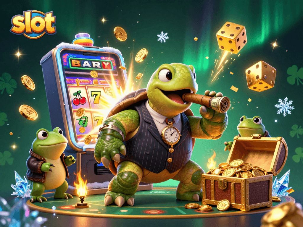 Spin the reels with a vibrant slot machine, as a turtle mobster and froggies oversee the jackpot action.