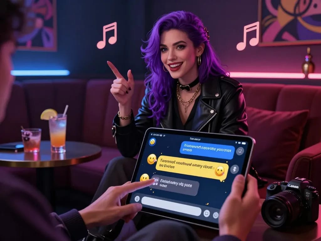Vibrant NSFW AI character engaging in interactive chat with user, showcasing immersive virtual lounge experience.