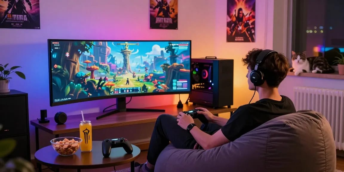 Engaging rokok88 login scene with gamer immersed in gameplay and colorful ambiance.