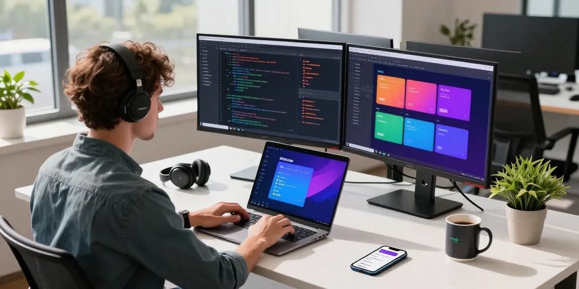Professional developer working on 纸飞机中文版 application in a modern tech workspace with dual monitors and design tools.