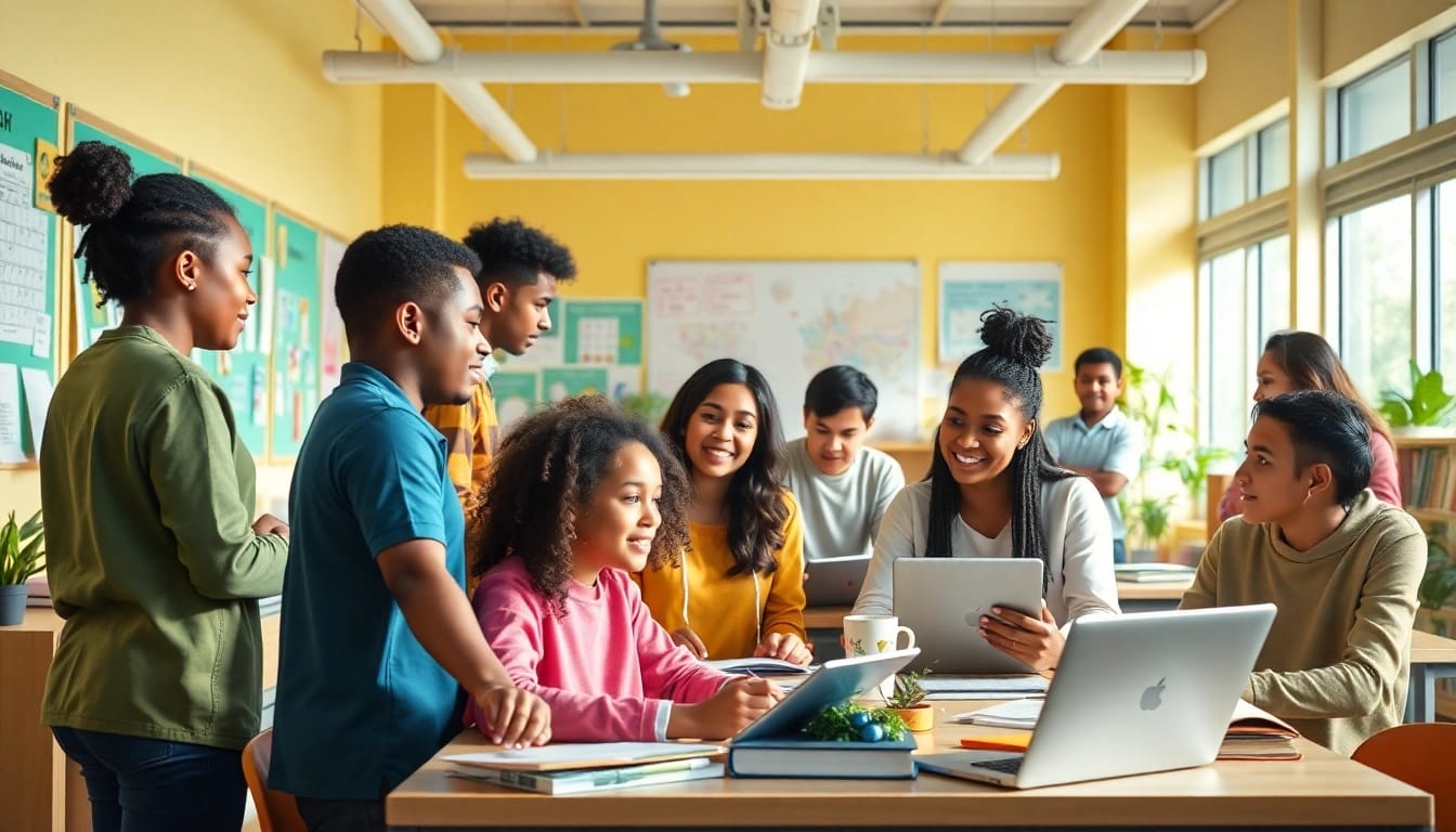 Education collaboration in a modern classroom showcasing diversity and innovation.