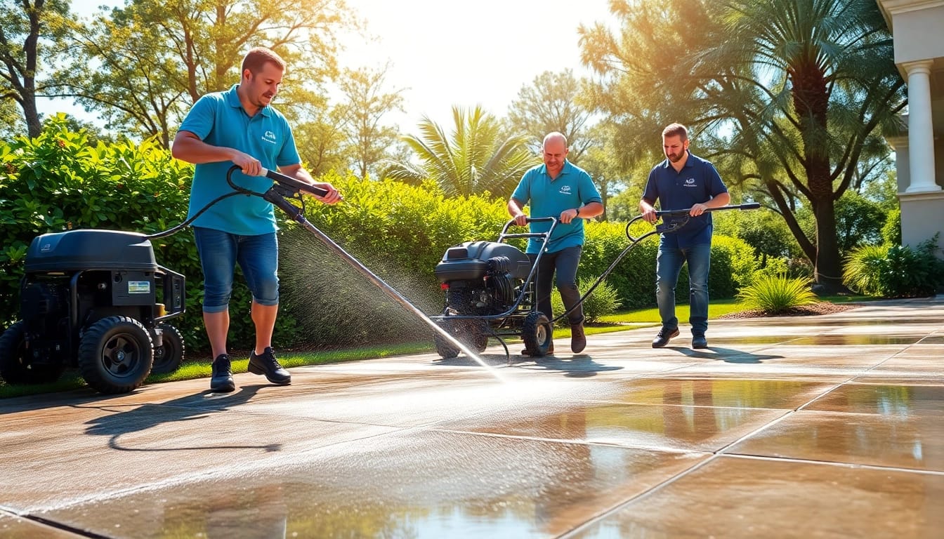 Concrete cleaning service in Kissimmee showcasing professionals using high-powered equipment for effective dirt removal.