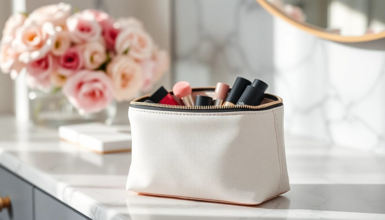 Organize beauty essentials with the stylish skone cosmetics signature makeup bag featuring vibrant makeup.