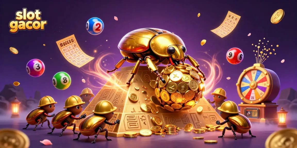 Spin and win with slot gacor visuals featuring golden beetles and lively gambling elements!