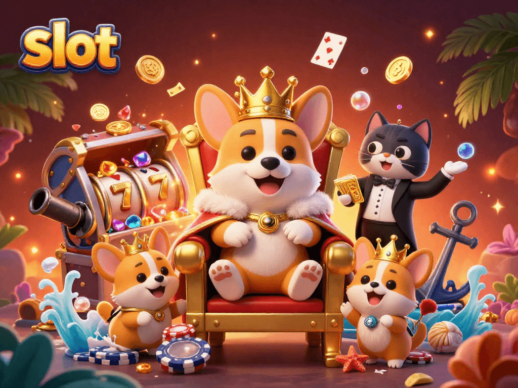 Menampilkan slot menyenangkan dengan corgi kerajaan dan elemen kasino berwarna-warni dalam ilustrasi 3D yang megah.