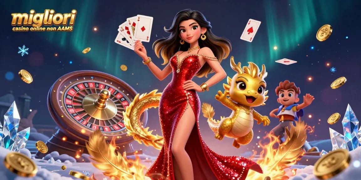 Scena coinvolgente che mostra i migliori casino online non AAMS con una donna asiatica sicura di sé e una mascotte drago dorato, con elementi dinamici del casinò.