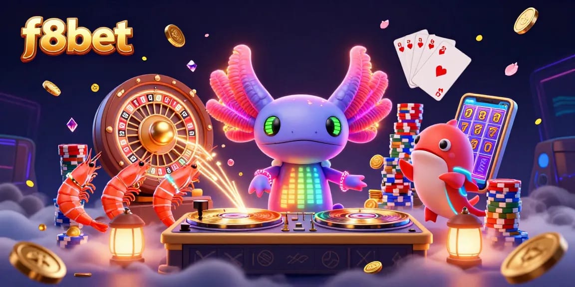 Win big at f8bet with a vibrant underwater casino scene featuring neon characters and dynamic gaming elements.