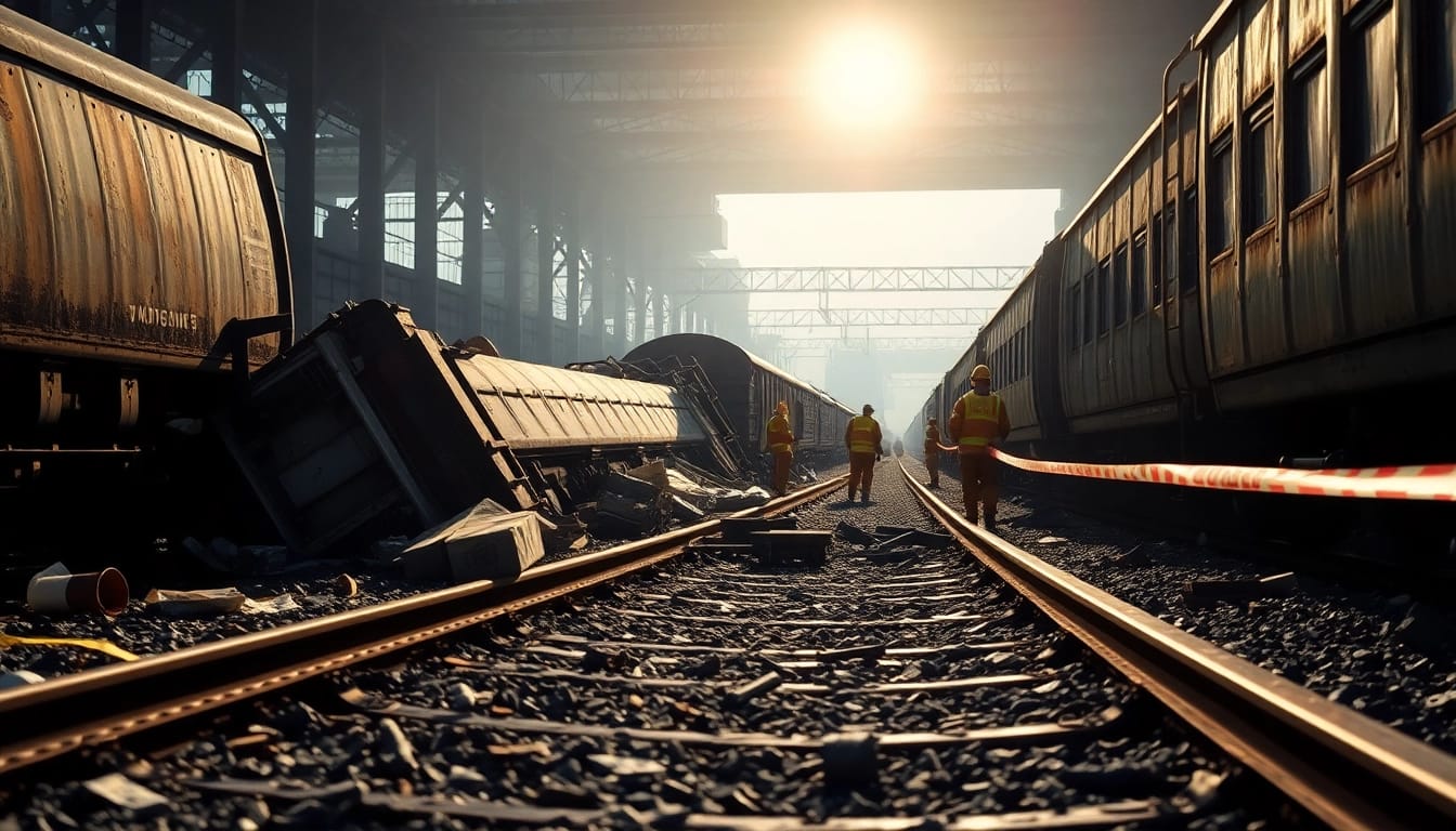 Derailment scene with overturned train cars showcasing the aftermath of a railway accident.