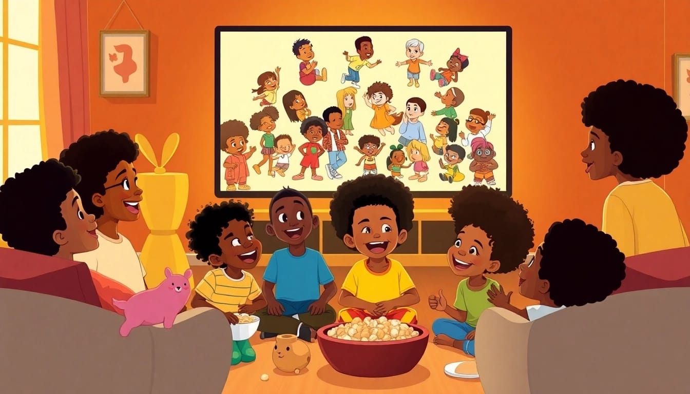Children enjoying iconic African American Cartoons in a cozy living room setting.