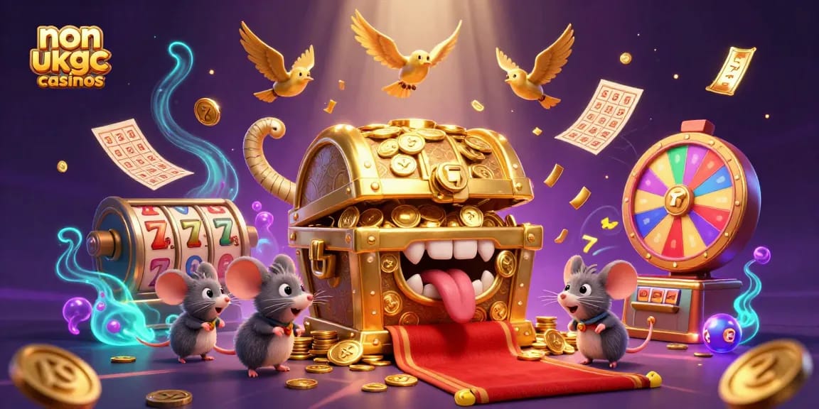 Play at non ukgc casinos and experience thrilling gaming with a captivating treasure chest and lucky symbols.
