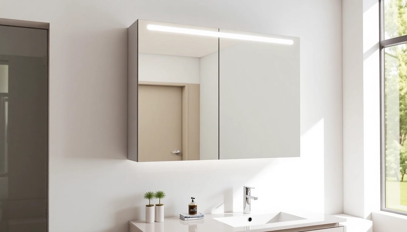 Showcase a bathroom cabinet with mirror and light highlighting its sleek design and LED features.