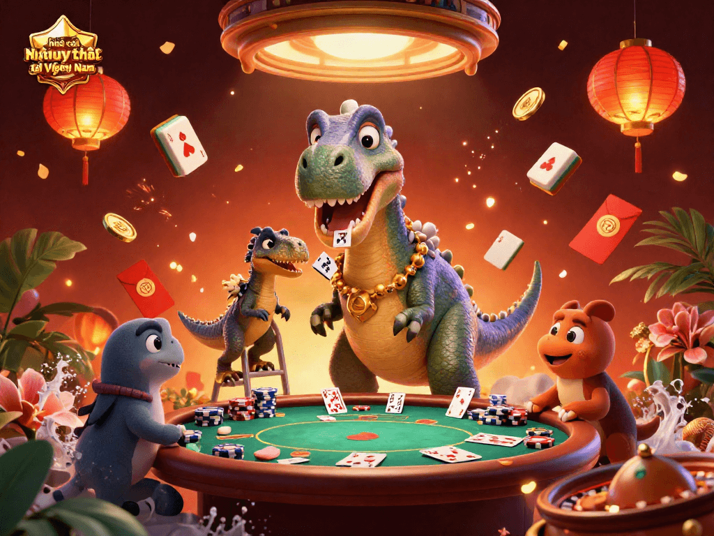 Engaging 3D casino scene featuring Nhà cái uy tín tại Việt Nam with a brontosaurus and poker elements.