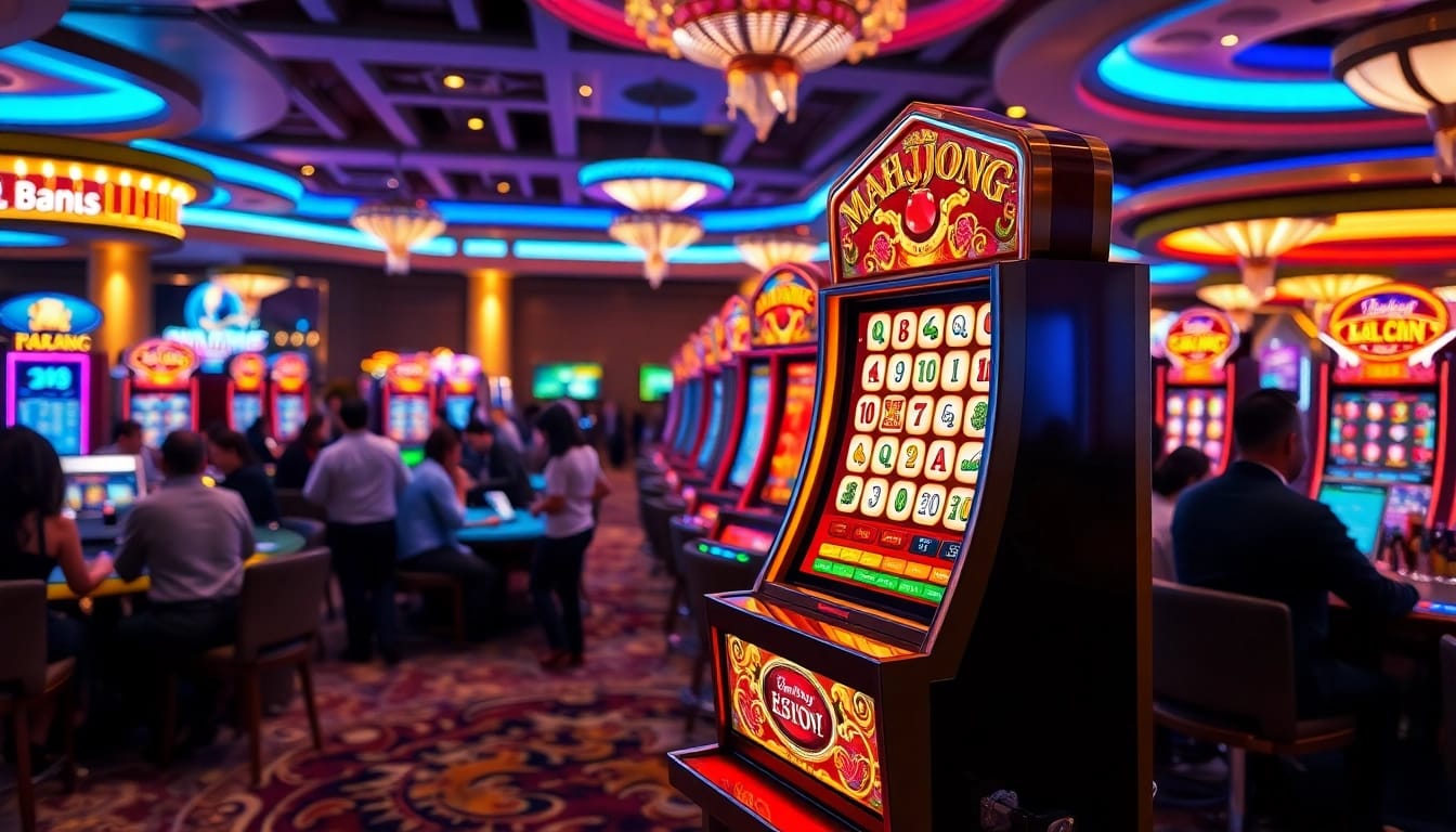 Spin the mahjong slot demo and feel the excitement at a bustling casino with vibrant games and lively players.