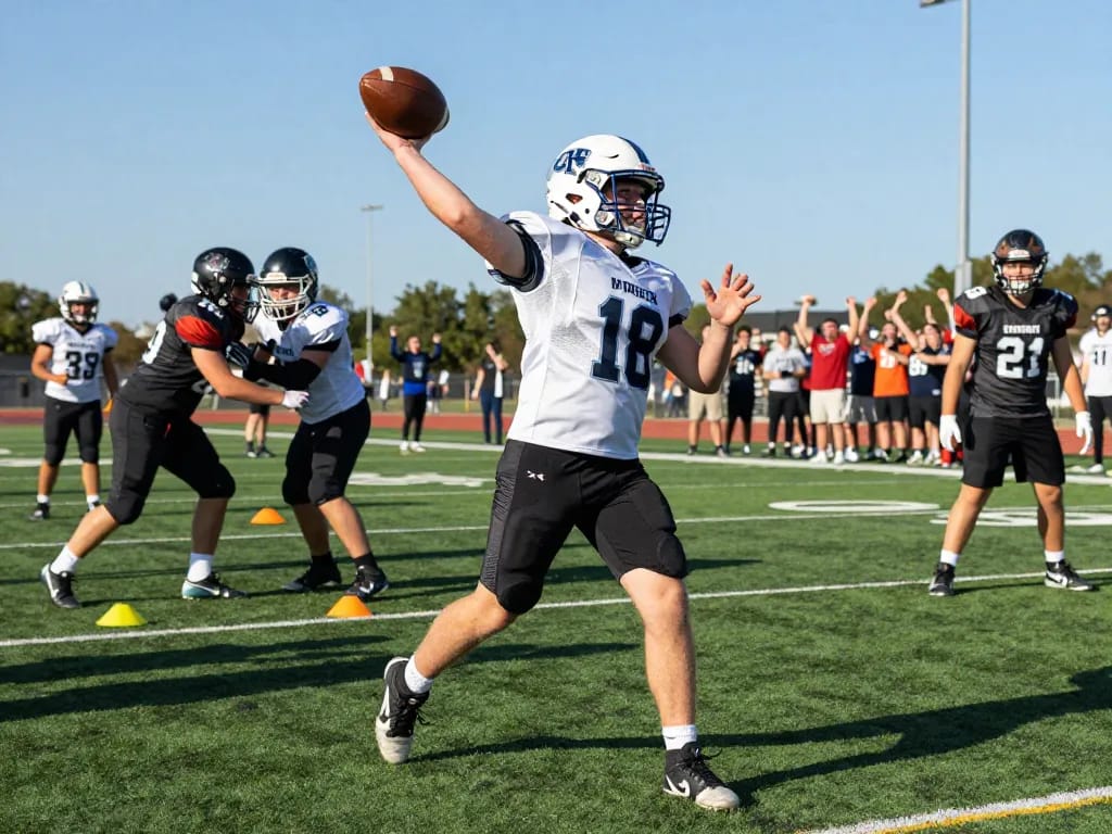 Football player using shoulder braces for football during practice on vibrant athletic field
