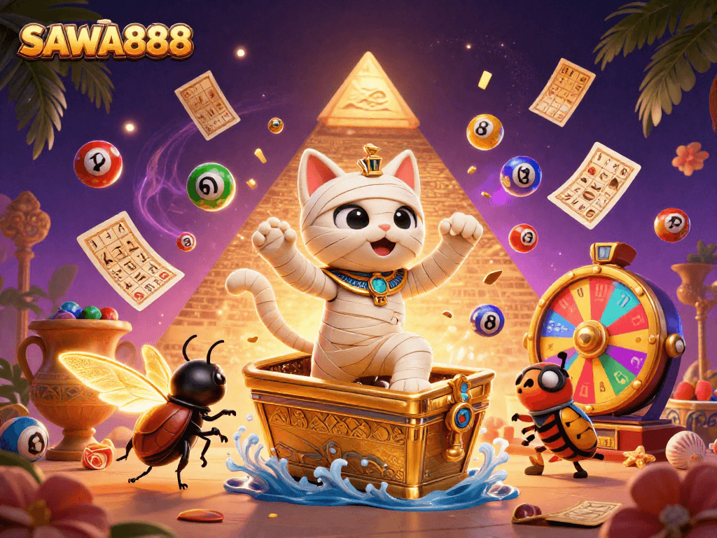 SAWA888 offers thrilling casino fun with an Egyptian mummy cat and vibrant game elements.