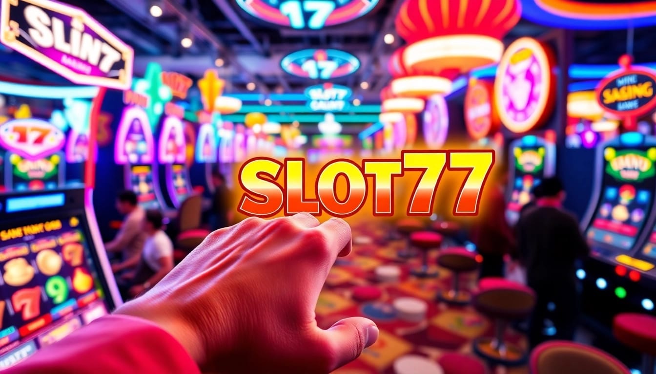 Menampilkan simbol Slot77 yang dinamis dalam antarmuka permainan slot yang menarik.