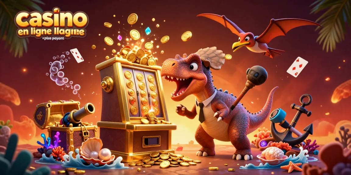 Casino en ligne le plus payant : illustration dynamique d'un dinosaure gagnant des pièces dans une machine à sous.