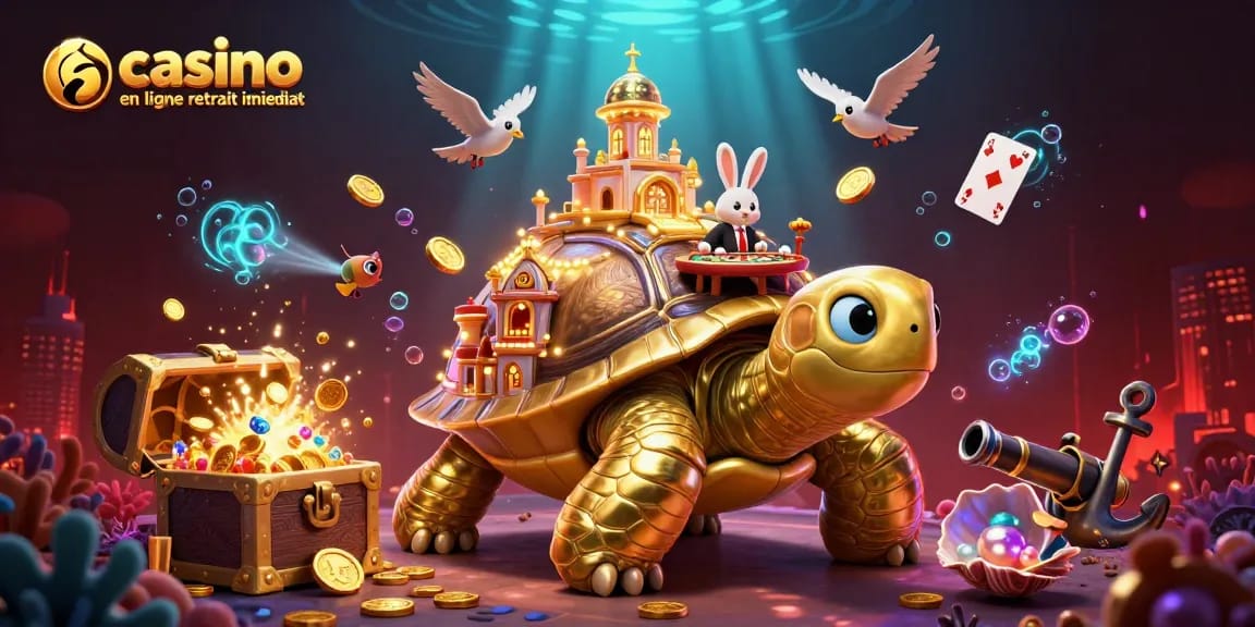 Profitez de gains avec le casino en ligne retrait immédiat illustré par une tortue dorée et un croupier lapin.