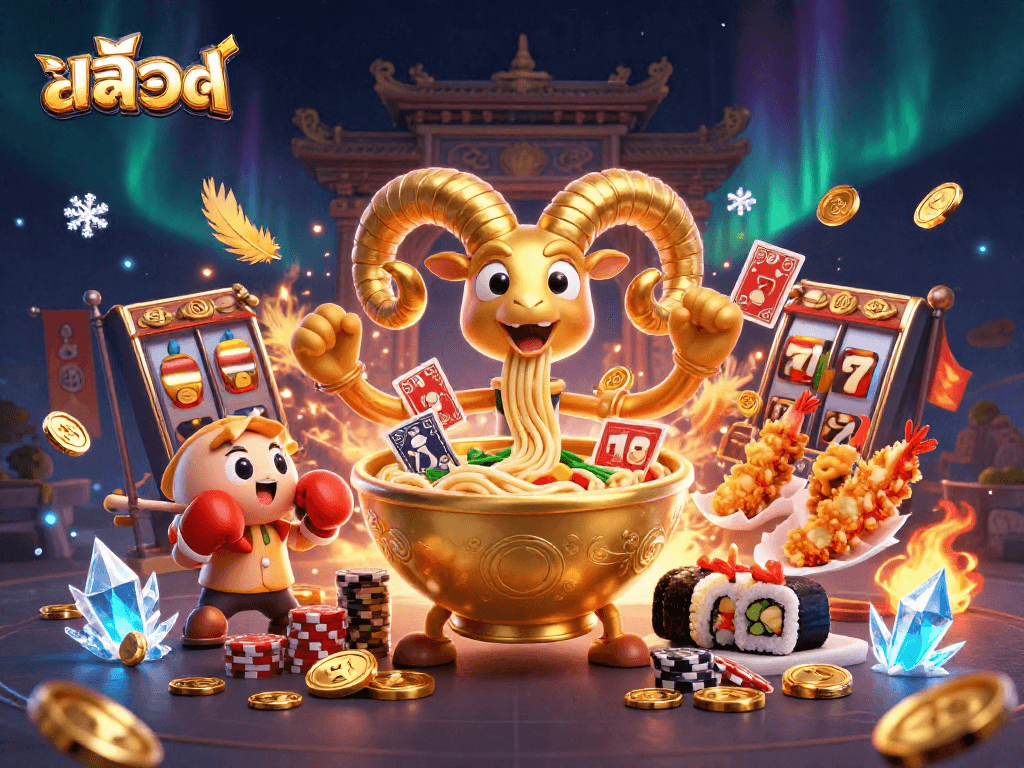 Enjoy a lively slot scene with สล็อต-themed characters, cards, chips, and dynamic elements.