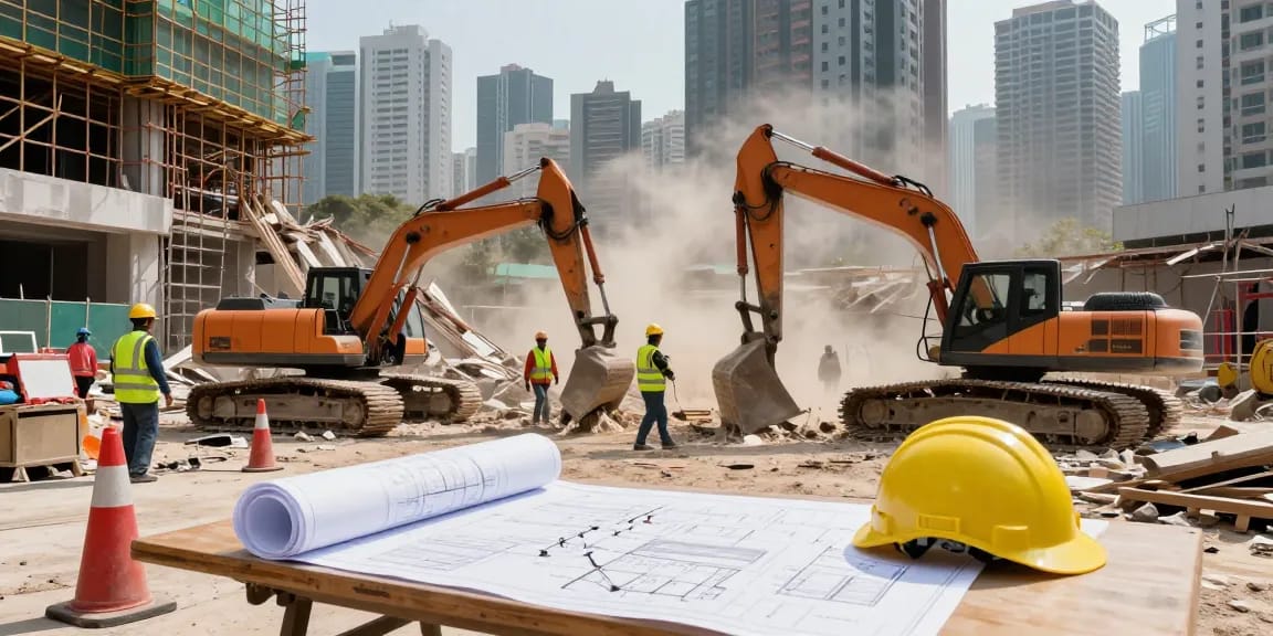 Active demolition services in Hong Kong showcasing professionals operating machinery amidst city skyline and debris