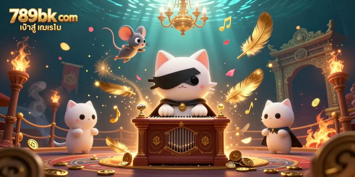 Engage with 789bk com เข้า สู่ ระบบ as the phantom cat plays organ amidst exciting casino elements.