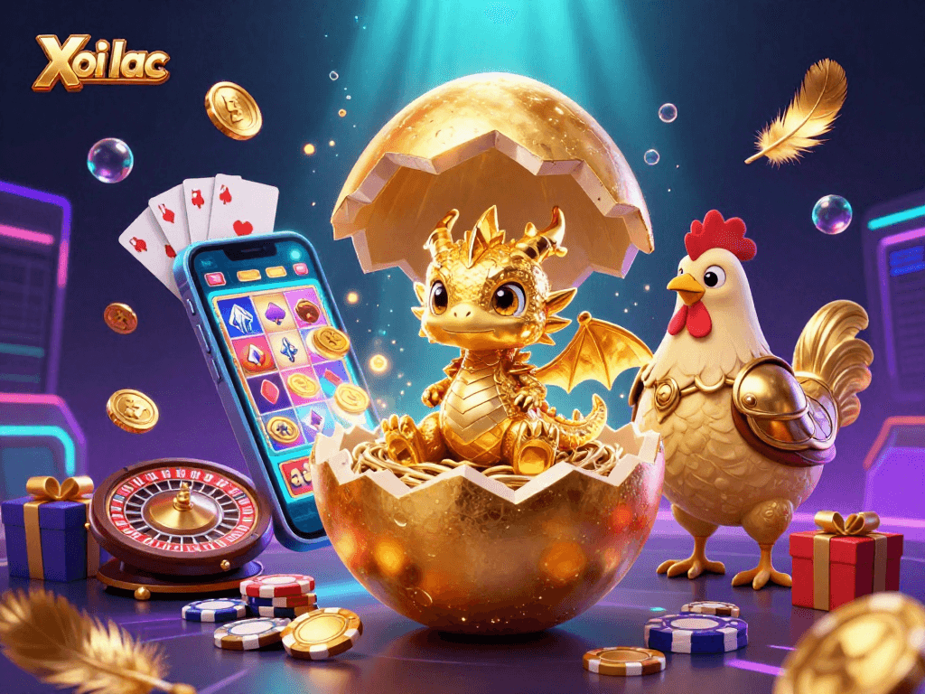Xoi lac unveils captivating 3D casino scene with a golden dragon on poker chips amidst vibrant gaming elements.