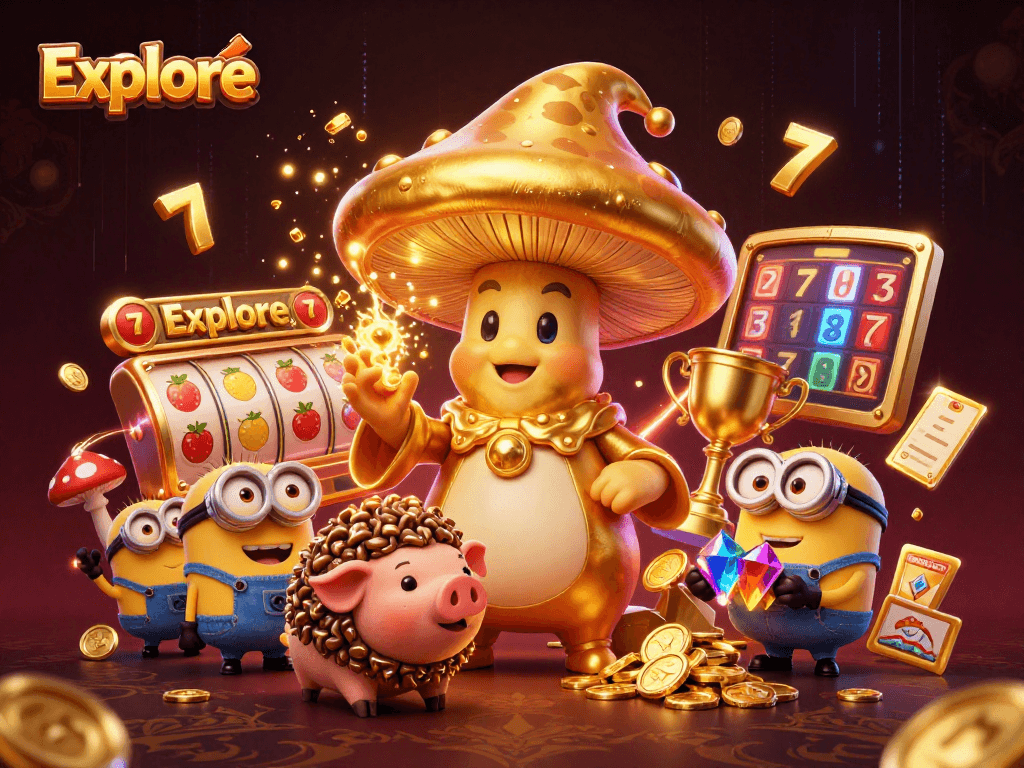 Explore the fantasy casino world with golden mushroom wizard and dynamic slot reels.
