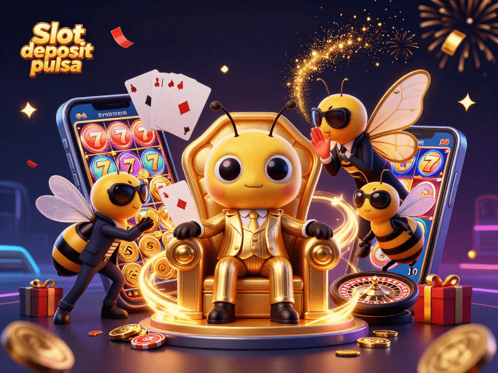 Slot deposit pulsa meriah dengan ilustrasi 3D karakter kasino dan permainan slot berwarna-warni.