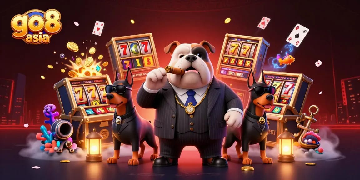 Experience excitement with go8 asia's 3D cartoon mafia boss in a vibrant casino scene.
