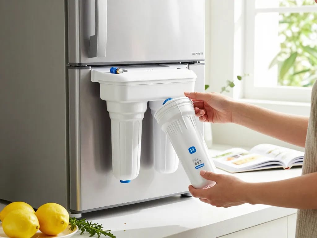 Overbest DA29-00020B Refrigerator Water Filter installation in a modern kitchen with fresh ingredients.
