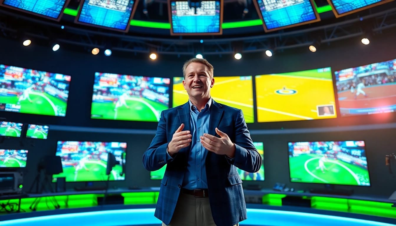Engaging sports broadcasting scene with a professional broadcaster discussing live events.