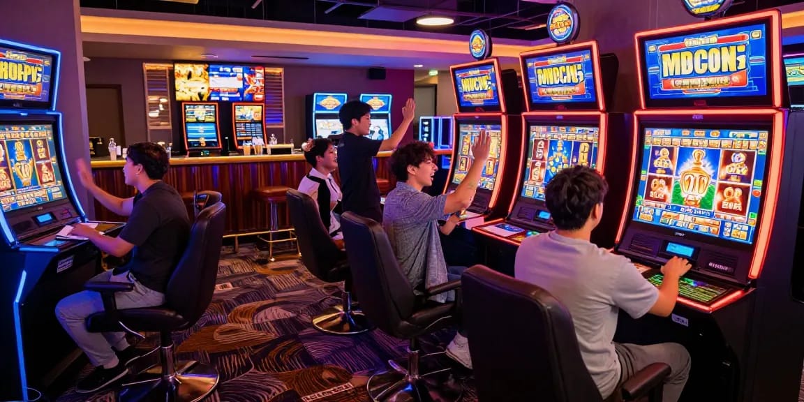 Excited players celebrating a win at a slot gacor machine in a vibrant online casino setting.