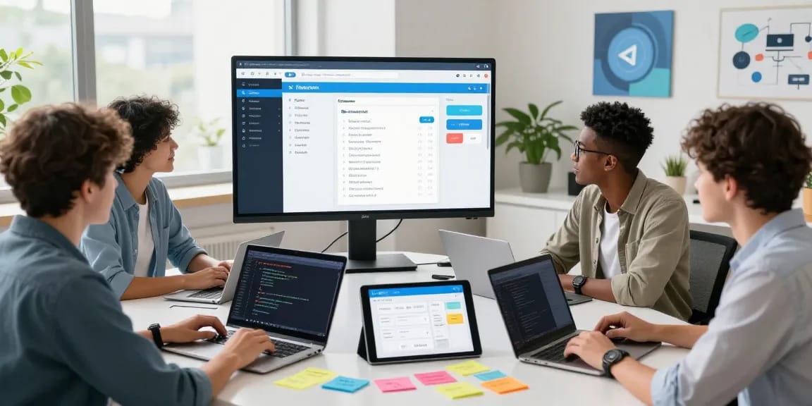 Collaboration in a digital workspace highlighting Telegram中文 enhancements with diverse professionals working on UI designs.