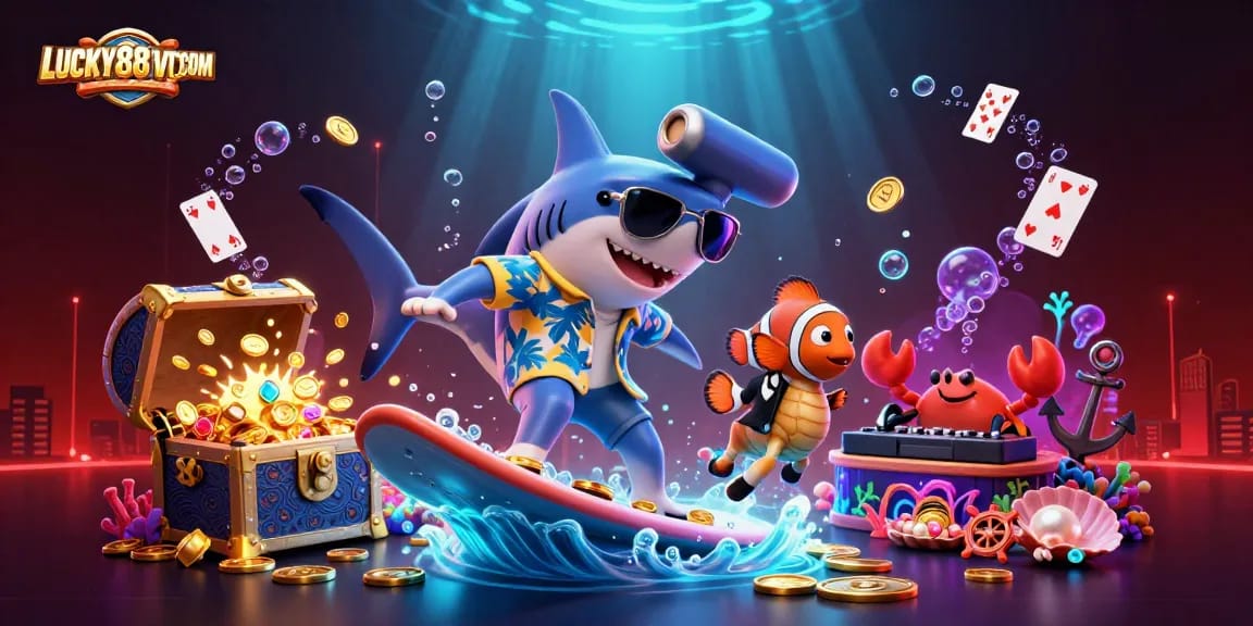 Engage with LUCKY88VTCOM as the shark rides golden coins in a vibrant underwater casino scene.