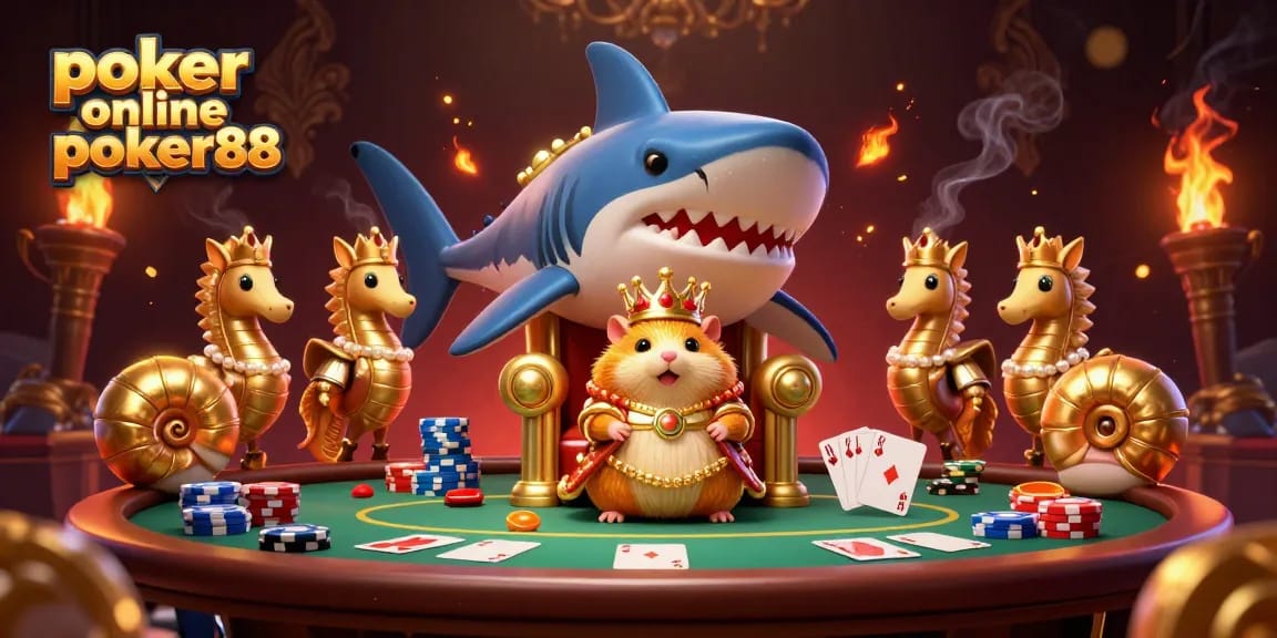 Engage in exciting poker online poker88 with a fierce hamster king on a megalodon throne amid colorful gaming elements.