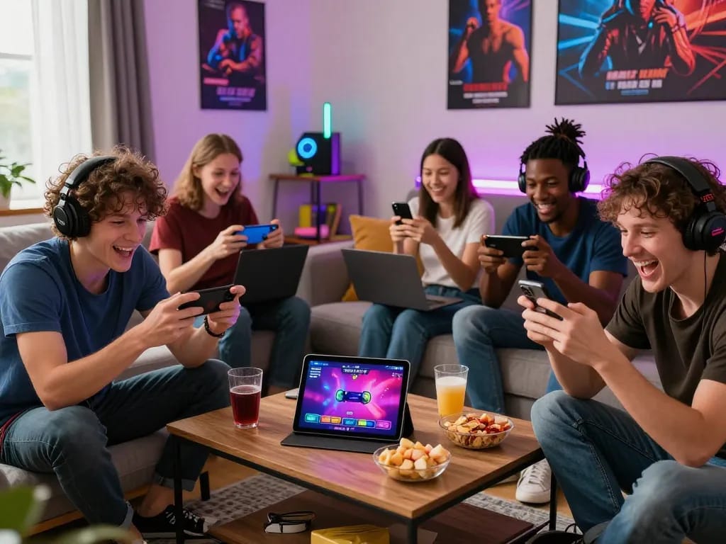 People enjoying a real porn game on mobile and laptops in a vibrant gaming setup.