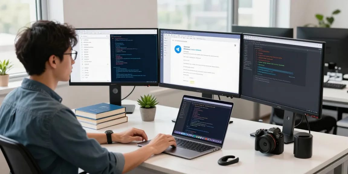 Engaged developer working on Telegram中文 interface at a modern office.