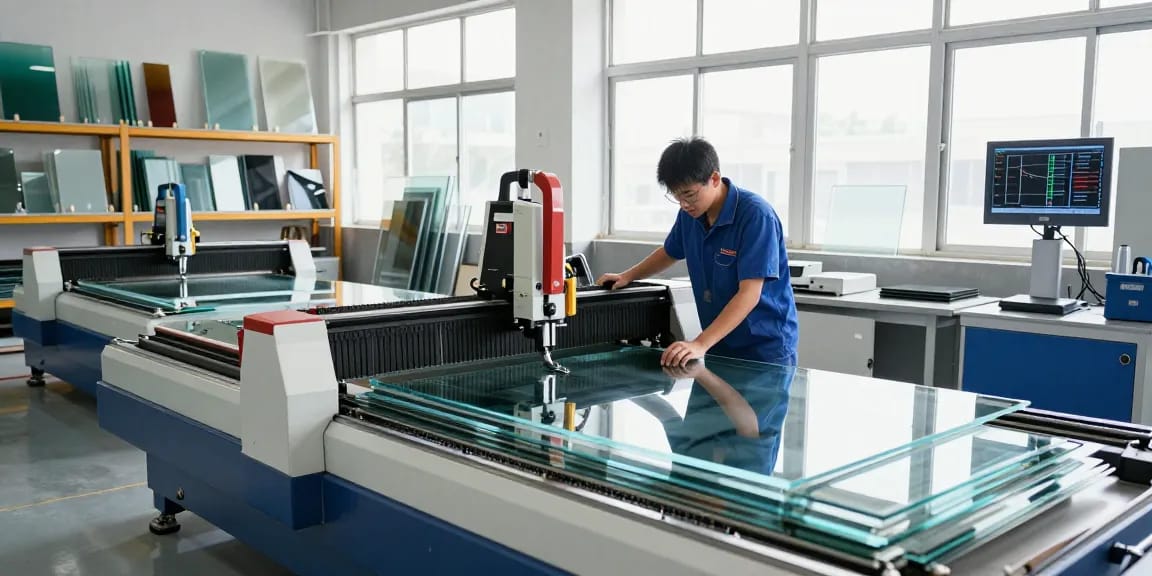 Technician using a cutting machine glass in a modern workshop with precision tools and bright industrial light.