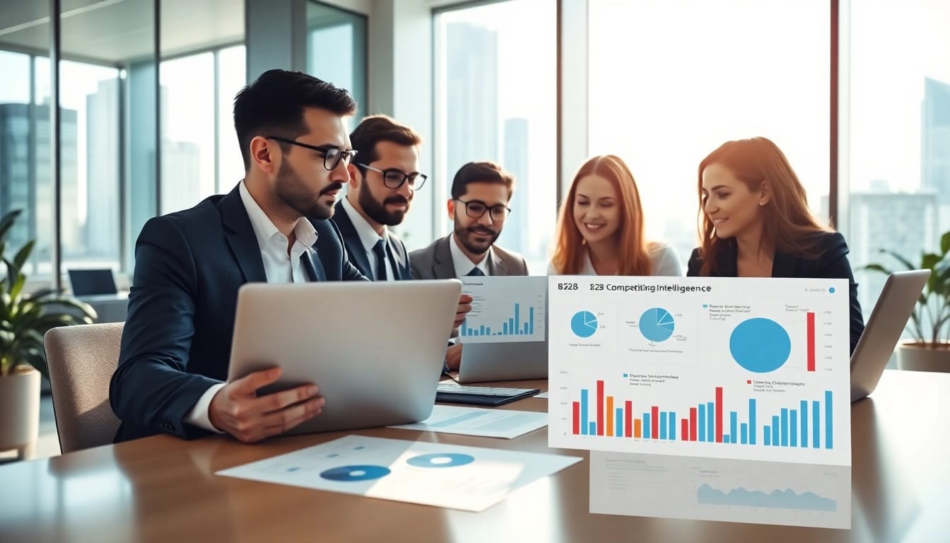 Analyze b2b competitive intelligence data in a bright business meeting environment.
