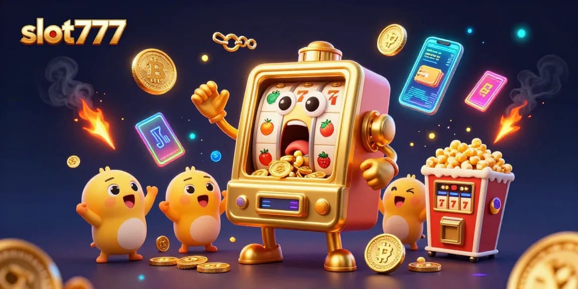 Engage with slot777 as the golden machine hits a jackpot, surrounded by cheering slot machines.