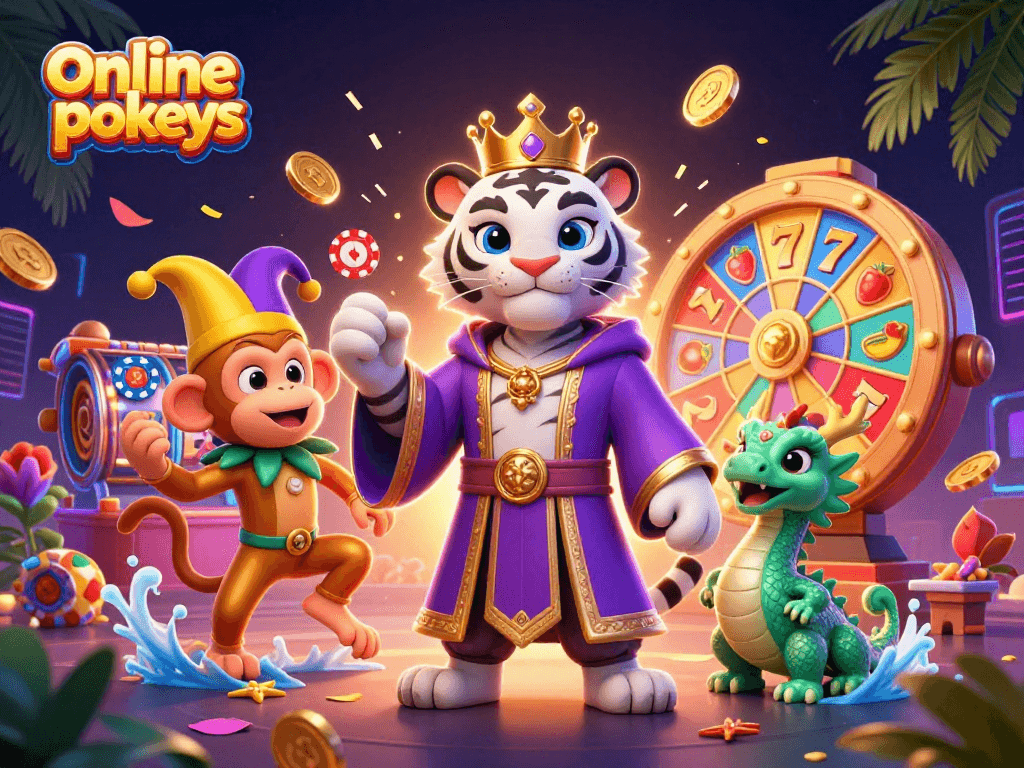 Experience thrilling online pokies with vibrant 3D characters and dynamic casino elements.