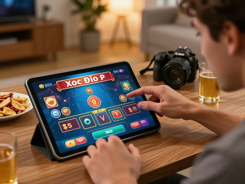 Xóc đĩa online gameplay with a player engaging on a tablet, illustrating excitement.