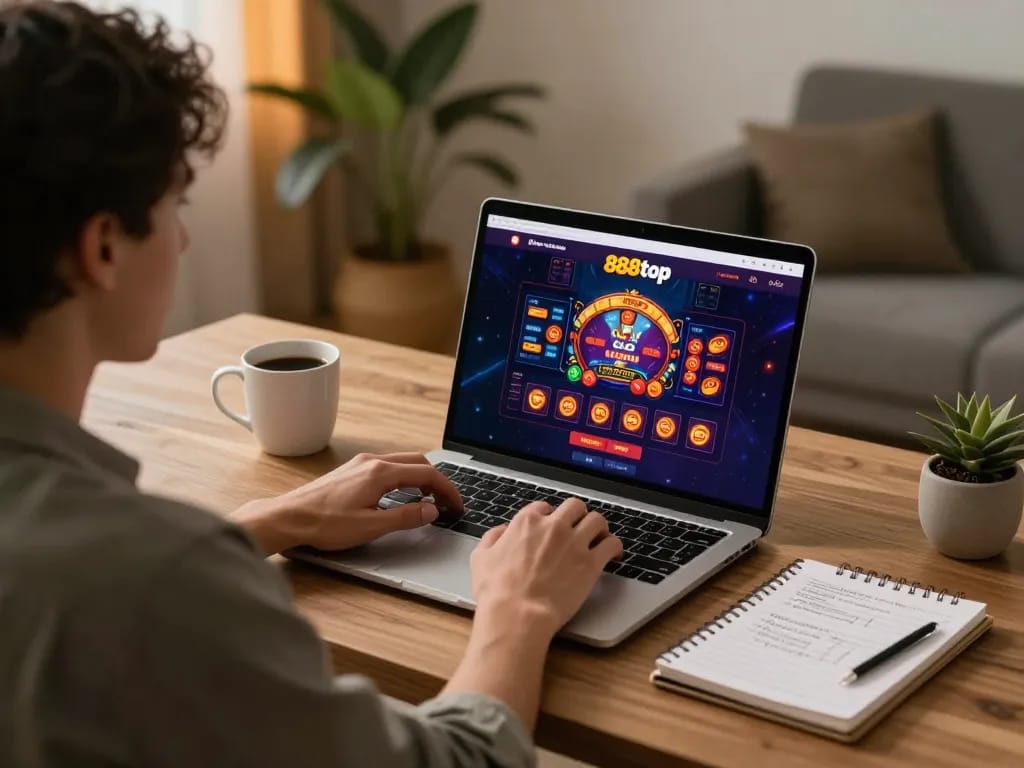 Player strategizing on 888top com using modern laptop for online casino gaming