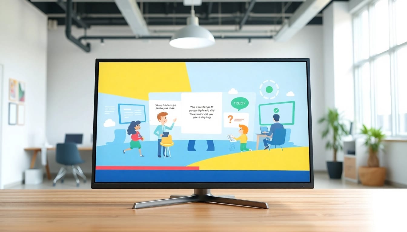 Erkläranimation mit dynamischen Charakteren und buntem Storyboard in einem modernen Büro