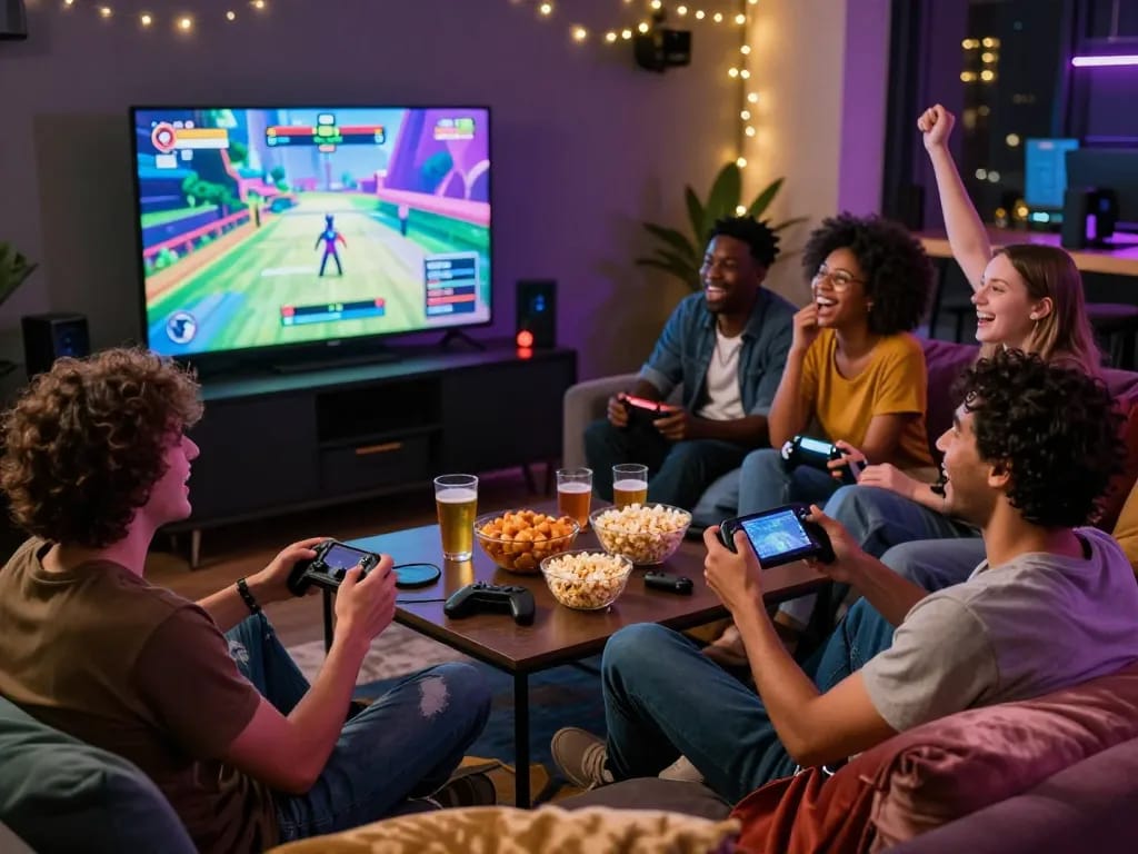 Friends enjoying porno games in an intimate gaming lounge with vibrant visuals and relaxed atmosphere.
