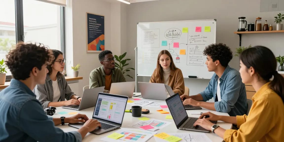 Entrepreneurs collaborating at a dynamic workspace, showcasing https://www.startsomethingpc.com strategies for innovative startups in 2026.