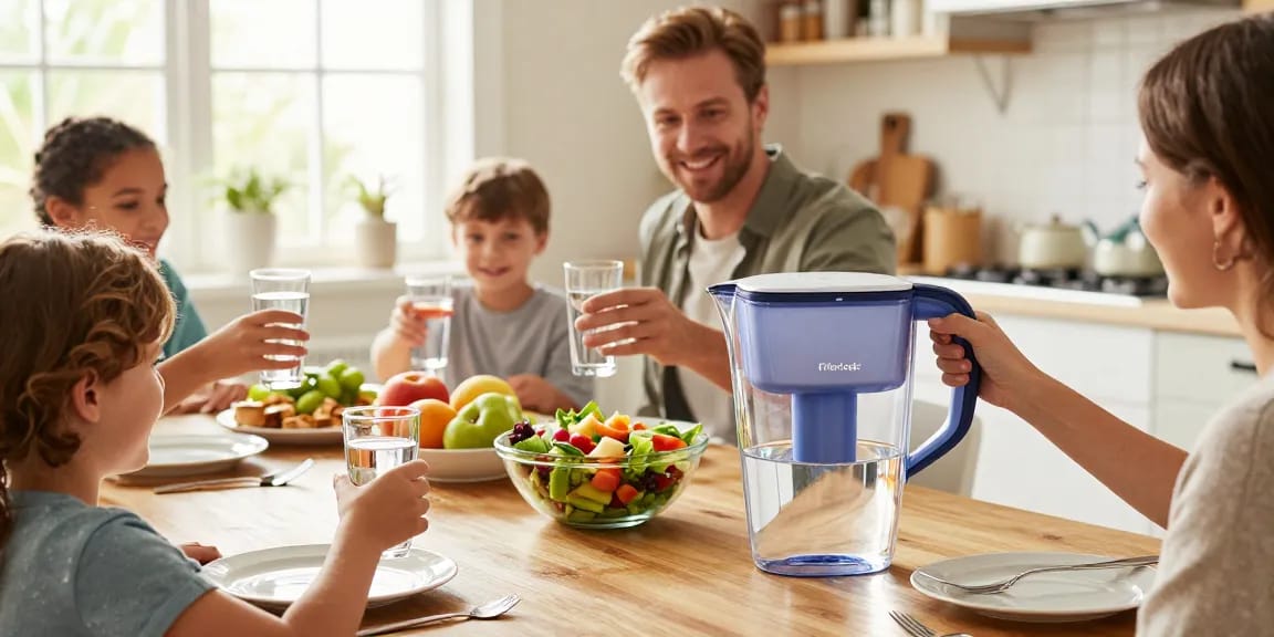 Family enjoying drinks from the Filterlogic NSF Certified Pitcher Water Filter in a bright kitchen.